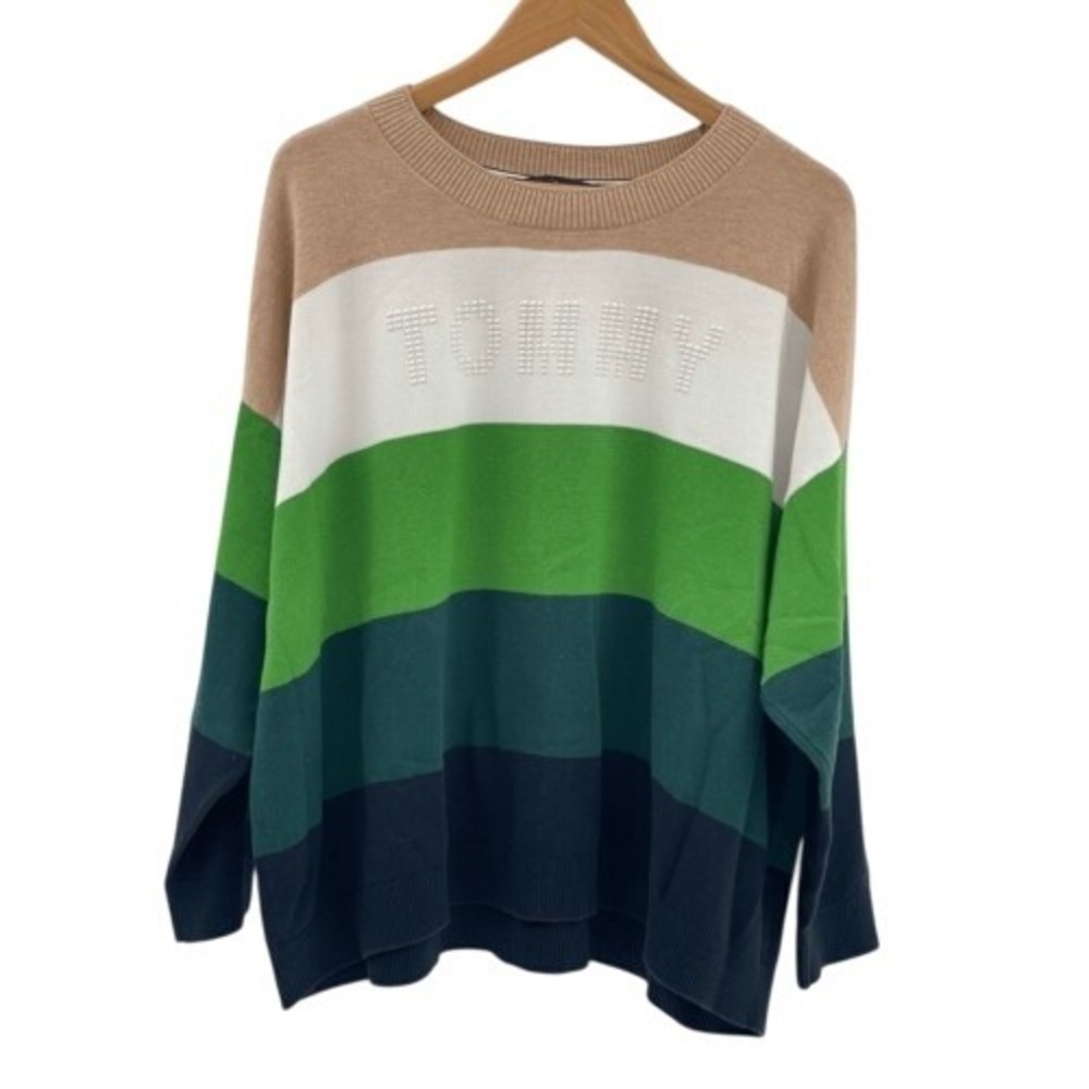Tommy Hilfiger Sweater Women 2XL Blue Green White Tan‎ Striped Pullover Crewneck